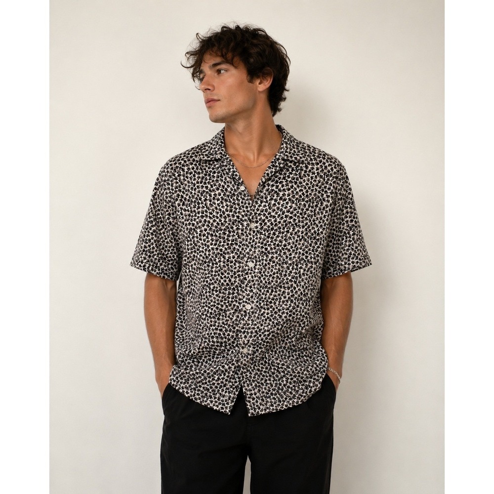 John Varvatos USA Mens XL Short Sleeve Button Down Shirt Gray Black Micro Floral